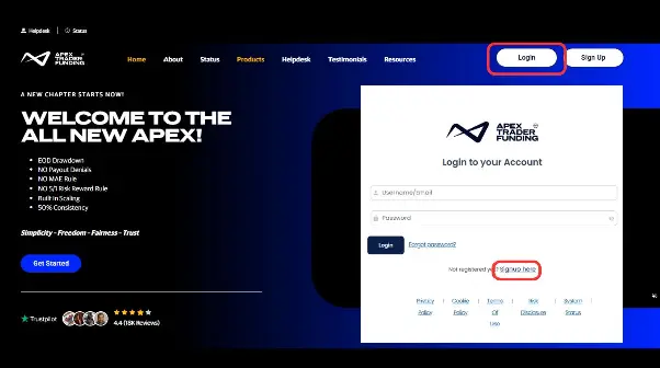 Visit the official Apex Trader Funding website and click the Login button